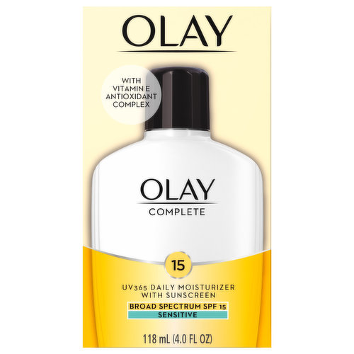 Protect against the #1 cause of aging skin—damage from the sun. Recommended by the Skin Cancer Foundation, Olay Complete Daily Moisturizer with Broad Spectrum Sunscreen SPF 15 Facial Moisturizer, with UVA/UVB protection, provides 8 hours of hydration for sensitive skin. This gentle, lightweight lotion is now formulated with Vitamin E Antioxidant Complex to help protect skin’s surface from damaging free radicals. Plus, its fragrance-free formula features aloe and zinc oxide for healthy-looking skin. Unlike many facial moisturizers with sunscreen, Complete All Day facial moisturizer with SPF is non-greasy and lightweight. Its oil-free formula leaves skin with a healthy glow. With its proven SolaSheer Sensitive Technology, experience hydration with sun protection from America’s #1 UV moisturizer, based on P12M Nielsen xAOC unit sales.   We guarantee you’ll love your OLAY product!  If you are not satisfied, we’ll give you your money back via a prepaid card.  Must submit within 60 days of purchase.   Call toll-free 1-855-845-9797 or visit olay.com/guarantee.