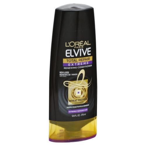 Deeply penetrates & renews. Extremely damaged hair. New look. Renews in 1 wash with system. The Science of Extremely Damaged Hair: Over-processing and persistent damage can weaken your hair beyond the fiber's surface. To transform and help repair extremely damaged strands, hair needs a system that deeply penetrates the inside layers. Our expert renewing formula. With wheat protein + ceramide. Clinically Tested Results: In 1 wash deeply penetrates and renews extremely damaged hair. Questions? Call 1-800-631-7358 www.lorealparis.com. Made in USA of US and/or imported ingredients.