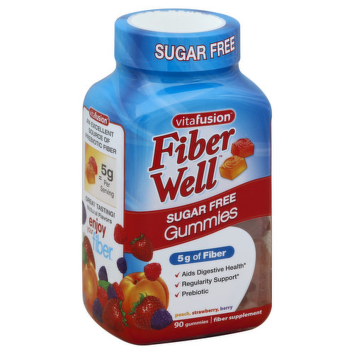 Fiber Supplement. 5 g of fiber. Aids digestive health. Regularity support. Prebiotic. Supplement Your Healthy Diet with Prebiotic Fiber: Fiber is an essential part of a healthy diet, but many of us don't get enough daily fiber. VitaFusion Fiber Well makes it easy to get the fiber some people need - all in a delicious sugar free gummy! Nutrition Fact: Nutrition experts recommend that the average person consume at least 25 grams of dietary fiber per day. Now you can enjoy your fiber! The soluble fiber in VitaFusion Fiber Well aids in digestive health, supports regularity and provides a prebiotic effect in the gut. With great tasting, natural fruit flavors, adding fiber to your diet has never been easier. Questions, comments? Call 1-888-334-5389 M-F 9AM-5PM ET. vitafusion.com. An excellent source of prebiotic fiber. 5 g per serving. Great tasting! Natural flavors. Enjoy your fiber. (These statements have not been evaluated by the Food and Drug Administration. This product is not intended to diagnose, treat, cure or prevent any disease.) Made in the USA with US & International ingredients.