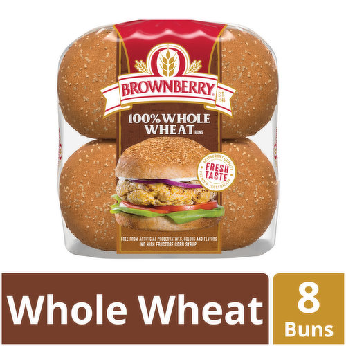 Contains eight 100% Whole Wheat Sandwich Buns per package. Our buns are baked with whole wheat creating a soft yet hearty bun with a delicious taste the compliments all of your favorite burgers and sandwiches.