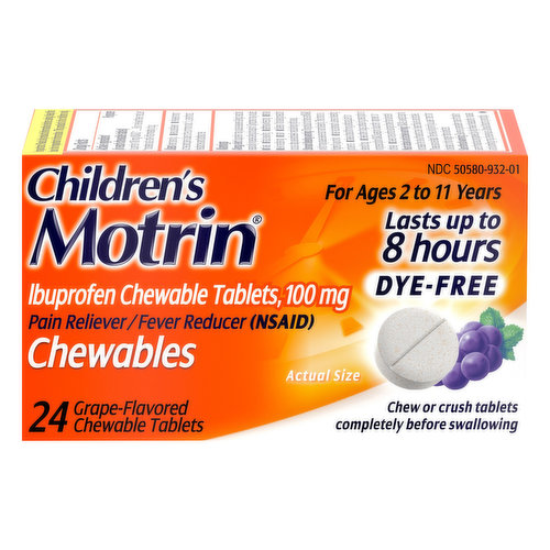 Motrin Children's Ibuprofen, 100 mg, Chewable Tablets, Grape-Flavored