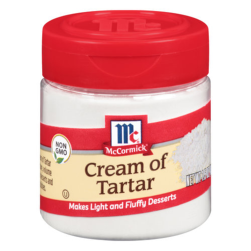Non GMO. Makes light and fluffy desserts. Our Cream of Tartar adds texture, volume and lift to desserts and egg dishes. Flavor maker get app. mccormick.com. Questions? Call 1-800-632-5847. For recipes, visit mccormick.com. Packed in USA.