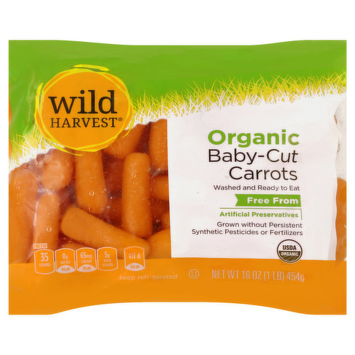 Washed and ready to eat. Free from: artificial preservatives. Grown without persistent synthetic pesticides or fertilizers. USDA organic. Per 3 oz: 35 calories; 0 g sat fat (0% DV); 65 mg sodium (3% DV); 5 g total sugars; vit A (35% DV).  Live Free with Wild Harvest: Wild Harvest is a complete selection of products that are free from more than 100 artificial preservatives, flavors, colors, sweeteners and additional undesirable ingredients. Our products are pure and simple because they're flavored and colored by nature and created to support your family's healthy and active lifestyle. People of all ages love the taste of Wild Harvest foods. To learn more about Wild Harvest products, including our full line of organic products, and for more recipes, please visit www.wildharvest.com. Eco-friendly packaging. Please recycle. Certified organic by California Certified Organic Farmers. 100% quality guaranteed. Like it or let us make it right. That's our quality promise. mywildharvest.com. Product of USA.