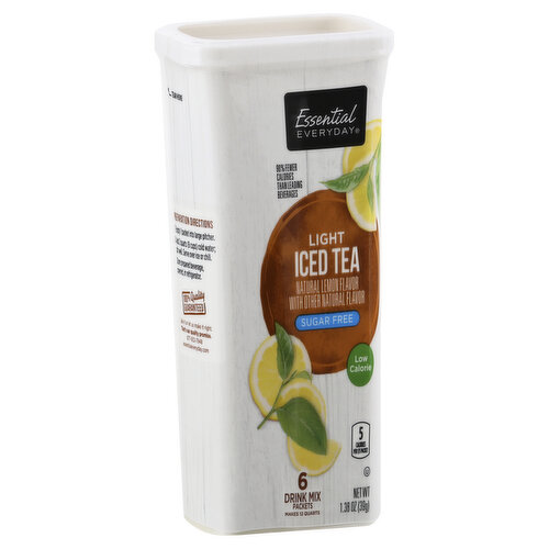Natural lemon flavor with other natural flavor. 5 calories per 1/5 packet. This product contains 5 calories per serving. Leading beverages contain 70 calories per serving. Sugar free. 90% fewer calories than leading beverages. No caffeine. Low calorie. 6 drink mix packets. Makes 12 quarts. 100% quality guaranteed. Like it or let us make it right. That's our quality promise. essentialeveryday.com.