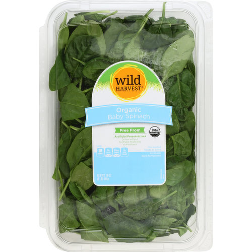 Free from: artificial preservatives. Grown without synthetic pesticides or fertilizers. USDA organic. Pre-washed. Ready to serve. Per 3 oz: 20 calories; 0 g sat fat (0% DV); 65 mg sodium (3% DV); 0 g total sugars. Certified organic by CCOF. Thoroughly washed. mywildharvest.com. Please recycle. Produce of USA.