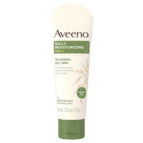 Aveeno Daily Moisturizing Body Lotion helps improve the health of your dry skin in one day. Formulated with soothing oatmeal and rich emollients, it is clinically shown to help moisturize and relieve dryness. This daily body lotion replenishes moisture for softer and smoother skin. The unique oatmeal formula absorbs quickly, leaving your skin soft, beautiful and healthy-looking. Recommended by dermatologists, it is fragrance-free, non-greasy, non-comedogenic, and gentle enough for daily use.