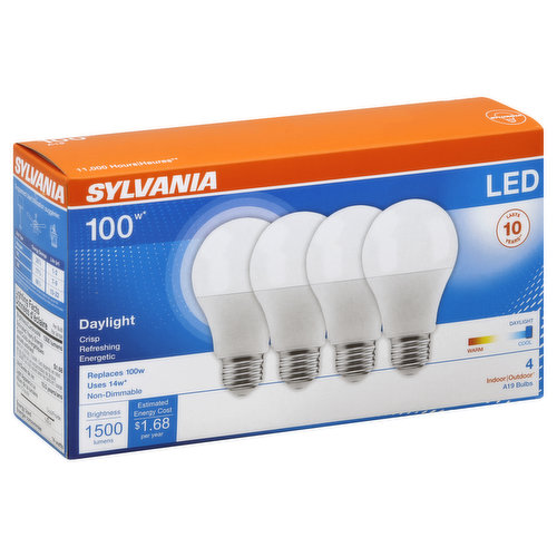 Brightness Quality: 1500 Lumens.  Energy Info: $1.68 based on 3 hrs/day, 11 cents/kWh. Cost depends on rates and use. 14 Watts.  Package Info: 4  Bulb Info: LED Both  Bulb Life: 10.0 Years  Bulb Appearance: 5000 Kelvins.  Misc: A19 bulbs. Replaces 100 w uses 14 w. Non-dimmable. Indoor. Outdoor (May only be used in an UL - approved outdoor fixture). Crisp refreshing energetic. Lasts 10 years (LED lamp lifetime is defined as the number of hours when 50% of a large group of identical lamps reaches 70% of its initial lumens). 11,000 hours (LED lamp lifetime is defined as the number of hours when 50% of a large group of identical lamps reaches 70% of its initial lumens). Suggested Use: Bulb Type: Halogen; Energy Savings: 28%; Life (yr): 1-2. Bulb Type: CFL; (Energy savings compared to 60 W A19 incandescent. Life span is based on 3/hr use per day) Energy Savings: 77%; Life (yr): 7-9. Bulb Type: LED; (Energy savings compared to 60 W A19 incandescent. Life span is based on 3/hr use per day) Energy Savings: 86%; Life (yr): 10-22. Limited Warranty: The manufacturer warrants the product to be free from defects in materials and workmanship for three (3) years from date of purchase when used as directed. Failure to comply with product warnings shall void the warranty. This warranty does not cover product subject to accident, neglect, abuse, misuse, or acts of God. If Product fails to operate according to the warranty, the manufacturer will replace product with the same or similar product, at no charge. Product should be returned, together with proof of date of purchase, to the retail store where product was purchased. For additional information, contact 1-800-654-0089; Fax: 866-632-9674. This is the exclusive remedy available. Liability for incidental or consequential damages is expressly excluded. Some states and jurisdictions do not allow the exclusion or limitation of incidental or consequential damages, so the above limitation or exclusion may not apply to you. This warranty gives you specific legal rights, and you may also have other rights which vary from state to state or province. 1-800-Lightbulb (1-800-544-4828). www.sylvania.com (US & Canada). C/ETL/US listed Intertek. Made in China.