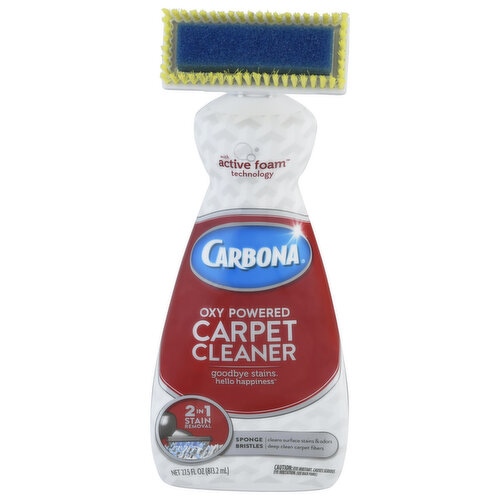 With active foam technology. Goodbye stains. Hello happiness. 2 in 1 stain removal. Sponge: Cleans surface stains & odors. Bristles: Deep clean carpet fibers. If that reaction sounds appealing, you have come to the right place. With an oxy powered formula with active foam technology, and built-in applicator, Carbona Carpet Cleaner makes stain and odor removal easy. Thanks to its unique 2 in 1 brush top you get a deep clean, from the carpet surface down through the fibers. Use Carbona Carpet Cleaner to remove a variety of stains, odors, and spills, including set in soil from foot traffic, red wine, vomit, and grease. For upholstery, treat according to the manufacturer’s cleanability instructions. Safe to use on colorfast wool, nylon, and stain resistant carpets and rugs. Safe to use around pets. Please recycle bottle to conserve our environment.