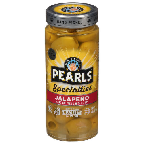 Pearls Specialties Olives, Hand-Stuffed Queen, Jalapeno