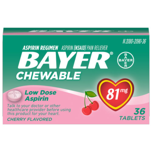 In Each Chewable Tablet: Other Information: Save carton for full directions and warnings. Store at room temperature. Avoid excessive heat above 40 degrees C (104 degrees F). Aspirin Regimen Aspirin (NSAID) pain reliever. Questions or comments? 1-800-331-4356.