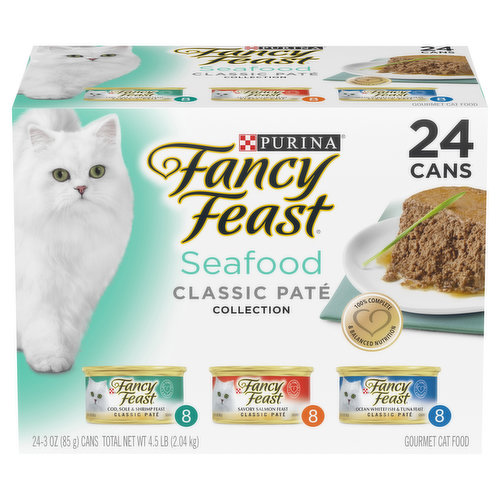 Cod, Sole & Shrimp Feast Calorie Content (calculated): 964 kcal/kg; 82 kcal/can. Fancy Feast Classic Cod, Sole & Shrimp Feast is formulated to meet the nutritional levels established by the AAFCO Cat Food Nutrient Profiles for all life stages. Savory Salmon Feast Calorie Content (calculated): 1029 kcal/kg; 87 kcal/can. Fancy Feast Classic Savory Salmon Feast is formulated to meet the nutritional levels established by the AAFCO Cat Food Nutrient Profiles for all life stages. Ocean Whitefish & Tuna Feast Calorie Content (calculated): 997 kcal/kg; 85 kcal/can. Fancy Feast Classic Ocean Whitefish & Tuna Feast is formulated to meet the nutritional levels established by the AAFCO Cat Food Nutrient Profiles for all life stages. 8 cans classic pate cod, sole & shrimp feast. 8 cans classic pate savory salmon feast. 8 cans classic pate ocean whitefish & tuna feast. Gourmet cat food. Your Pet, our passion. 100% complete & balanced nutrition. The Purina Promise: Pets are our passion. Safety is our promise. Progress is our pledge. Follow us at Purina.com. Purina.com. how2recycle.info. Twitter. Facebook. We're listening. Visit us online at Purina.com or call 1-800-933-0991. Every ingredient has purpose. fancyfeast.com/Ingredients. Crafted in USA facilities. Printed in USA.