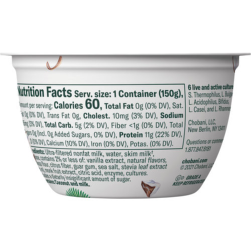 Chobani Yogurt, Zero Sugar, Toasted Coconut Vanilla Flavor