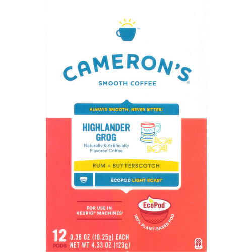 Smooth coffee. Always smooth, never bitter. For use in Keurig brewers (Compatible with most single-cup brewers. K-Cup is a registered trademark of Keurig Incorporated. Cameron's Coffee has no affiliation with the owners of the identified trademark). EcoPod: 100% plant-based pod. Handcrafted & small batch roasted. Allergen free. Good things come to those who wake. The better way to brew. Morning, friend. When the sun is up, your favorite mug is out. Ready and waiting. These beans are roasted with small town heart for your super big joy. Good things come to those who wake, so resolve to keep your mug half full today! Sustainably sourced. TUV Austria: Ok compost - Home. Sustainable Forestry Initiative: Certified sourcing. www.sfiprogram.org. A Kinder Cup; No plastic cup. Made with renewable plant-based materials. Better taste brew through a real coffee filter. Less waste compostable (Compostable in industrial facilities. Check locally, as these do not exist in many communities. To learn how you may compost ecopods at home, visit aboutecopods.com). Every morning.