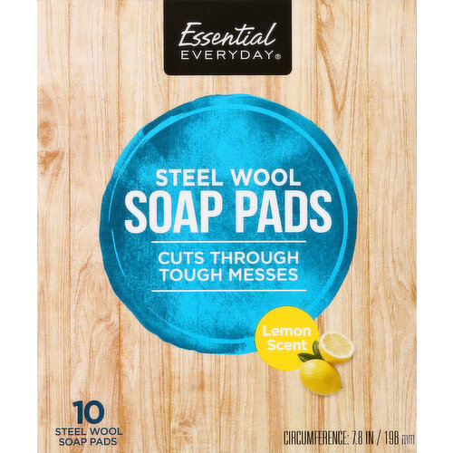 Circumference: 7.8 in / 198 mm. Cuts through tough messes. Great products at a price you'll love - that's Essential Everyday. Our goal is to provide the products your family wants, at a substantial savings versus comparable brands. We're so confident that you'll love essential everyday, we stand behind our products with a 100% satisfaction guarantee. Essential Everyday Soap Pads provide an effective and environmentally friendly way to clean your toughest messes. Through the use of all-purpose and biodegradable detergents, these soap pads loosen particles such as grease and food, yet are gentle on your hands and the environment. Cuts through tough baked-on messes & grease problems. Returns shine to pots & pans. Contains no phosphates. 100% Quality Guaranteed: Like it or let us make it right. That's our quality promise. essentialeveryday.com. Environmentally Friendly: Biodegradable soaps and detergents. Reusable.