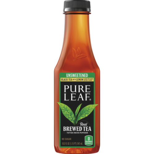 Flavor with other natural flavors. 0 calories per bottle. No sugar. Caffeine Content: 84mg/18.5 fl oz. Real brewed tea. Never from powder. Real tea, done right. Our real-brewed difference: Taste iced tea the way it was meant to be: Brewed from real tea leaves, fresh-picked, carefully dried, and expertly brewed. Pure Leaf is never made from powder, so you can enjoy the delicious taste of real-brewed iced tea in every bottle. No high fructose corn syrup. PureLeaf.com. We're here to help. PureLeaf.com or 866.612.2076. Rainforest Alliance Certified Tea. Please recycle. Brewed in USA.