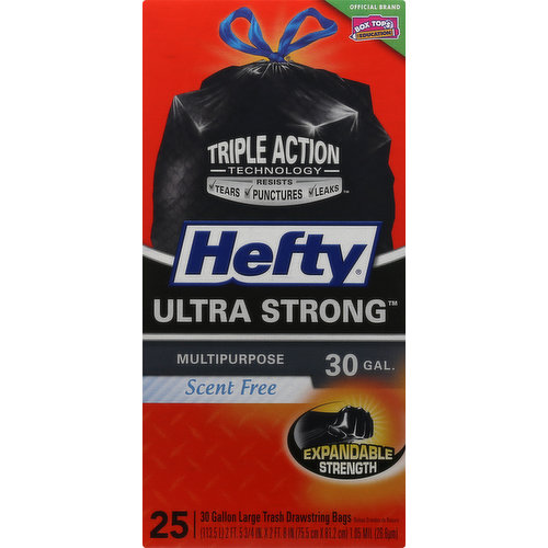 2 ft. 5-3/4 in. x 2 ft. 8 in. (75.5 cm x 81.2 cm). 1.05 mil (26.6 mcm). 113.5 l. Triple Action Technology. Official brand. Features: Resists tears; punctures & leaks. Drawstring closure; Large capacity; Expandable strength. Uses: party clean up; Garage and basement trash; Storage and donations; Yard clean up. Money back guarantee. Our guarantee offers complete satisfaction or your purchase price refunded. Hefty.com. how2recycle.info. To contact us visit: Hefty.com, call: 1-800-433-2244 or write: Hefty Brands, PO Box 85583, Richmond, VA 23285-5583. When communicating about this particular product, please include end flap with the embossed numbers, or laser printed white numbers and the UPC bar code located on this panel. Official coupon. 10C. HWB Box tops for education. Earn cash for your school! Also try Hefty Ultra Strong with Arm & Hammer Odor Control. Arm & Hammer. The standard of purity. Patented odor neutralizer with white pine breeze scent helps control odor. Certified 100% recycled paperboard. Product made in the USA.