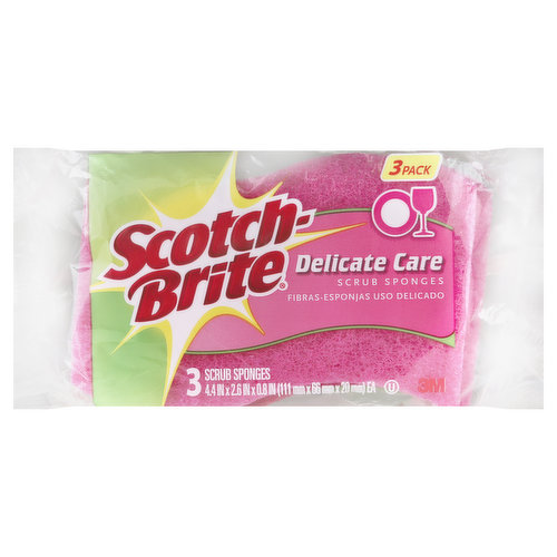 4.4 in x 2.6 in x 0.8 in (111 mm x 66 mm x 20 mm) ea. 3 scrub sponges. Delicate care. Extra gentle cleaning for surfaces in your kitchen and around your home. scotchbrite.com. Question? 1-800-846-8887. Also try our other scrub sponges: Non-Scratch: For stovetops & premium cookware; Heavy Duty: Scours 50% faster. Made in Canada.