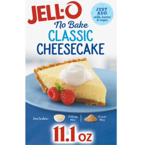 Beat the heat and take a break from your oven. Make a delicious cheesecake in 15 minutes with no baking required! Jello No Bake Classic Cheesecake Dessert Kit is made with honey graham cracker crust for a premium quality cheesecake that’s easy to prepare. Each dessert kit includes filling mix and graham cracker crust mix. Simply add milk, butter and sugar for a classic cheesecake with a rich, velvety texture. Requiring minimal prep time, you'll spend less time in the kitchen and more time with your family or guests. Our creamy no bake cheesecake is perfect for holiday gatherings, parties, picnics or any time you need to quickly prepare a decadent dessert. Each 11.1-ounce box makes six servings, perfect for the entire family to enjoy. For something different, try using our cheesecake mix as a base for more complex treats. Enjoy a slice of your favorite dessert anytime with our no bake cheesecake mix.