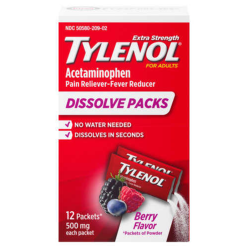 Relieve pain and fever whenever they hit with Tylenol Extra Strength Dissolve Packs with Acetaminophen. From the number 1 doctor recommended brand of pain reliever, this extra strength oral pain reliever medicine for adults provides temporary relief from minor aches and pains due to headache, backache, minor pain of arthritis, muscle aches, menstrual and premenstrual cramps and toothache. Each pain reliever powder packet contains 500 milligrams of acetaminophen, an effective pain relief medicine and fever reducer that is safe when used as directed. No water, no problem. This portable pain relief powder dissolves in seconds on the tongue--no water needed. With a convenient on-the-go form to have on hand whenever pain hits, the pain medicine is ibuprofen- and aspirin-free with a great tasting berry flavor. Tylenol Extra Strength Dissolve Powder Packs with Acetaminophen can be used by adults and children 12 years of age and older.