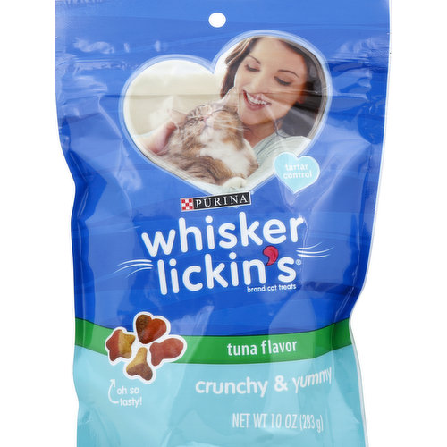 Crunchy & yummy. Tartar control. Oh so tasty! Under 1.5 calories per treat. Tasty Togetherness. There's a reason we call it Whisker Lickin's brand cat treats! These treats are so delicious, your cat will savor every morsel. Share a moment with your cat that is so special, she won't want it to end. Two tantalizing textures! Calorie Content (calculated): 3780 kcal/kg; 1.4 kcal/piece. Purina.com. 1-800-7Purina (1-800-778-7462) Monday - Friday, 7am - 7pm, CT. Printed in USA.