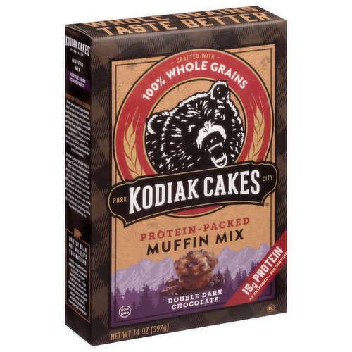 Park City. Whole grains taste better. Frontier food restored: Over-processed ingredients had no place on the frontier; instead pioneers relied on real, wholesome foods that were full of what they needed to take on each day ahead. These recipes inspired Kodiak Cakes to create non-GMO, whole grain, and protein-packed foods for today's frontier. Kodiak Cakes Muffin Mix is simple to make and contains 100% whole grains which means you're just a few steps away from a satisfying and filling option before your next adventure. While the days of axes and ox wagons have come and gone, we still maintain that dedication to giving folks food they can rely on. Made with freshly ground whole grains and no preservatives. Fresh is best! Please recycle. Grizzly Bear and Wildlife Foundations: We're committed to keeping the frontier wild for future generations. Your purchase helps us support foundations that protect grizzly bears and other wildlife habitats around the country.