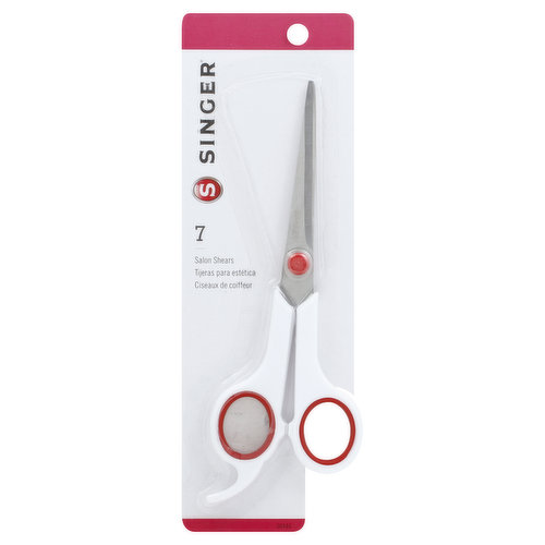 7 inch salon shears. Rubberized handles. Right- or left-hand use. Stainless steel blades. singer.com. Made in China.