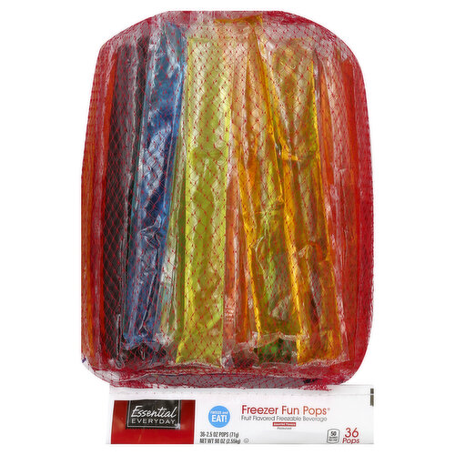 36 pops. Fruit flavored freezable beverage. Pasteurized. 50 calories per 1 pop. Freeze and eat! Contains 0% juice. Real savings. Highest quality. Every day. If you are not completely satisfied with this product, please contact us at www.essentialeveryday.com or 1-877-932-7948. May or may not contain: grape, orange, blue punch, pina colada, lemon-lime, peach, watermelon, cherry, mango, green apple & strawberry. Made in the USA.