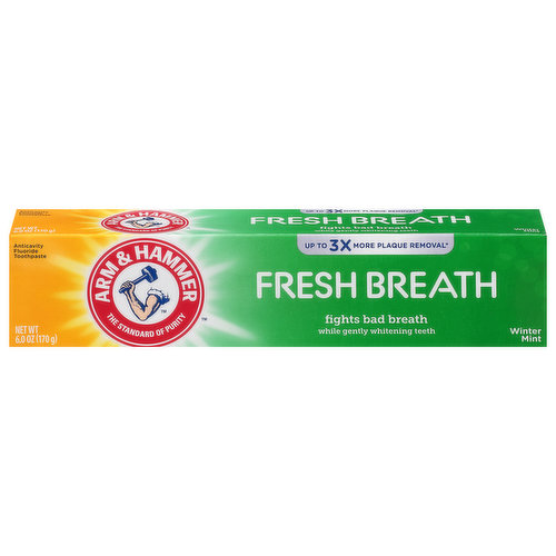 Arm & Hammer: The standard of purity. Up to 3x more plaque removal (in hard-to-reach areas compared to a leading toothpaste). Fights bad breath while gently whitening teeth. At Arm & Hammer, we like to be different. Naturally powered by baking soda, our toothpaste goes beyond cleaning, giving you stronger, healthier teeth and gums. And unlike regular toothpaste, our pure baking soda formulas penetrate deeper throughout your mouth, removing up to 3X more plaque in hard-to-reach places (in hard-to-reach areas compared to a leading toothpaste). Best of all, we do this gently, and are less abrasive than other toothpastes (Data on file). Gently whitens teeth. Deep cleans teeth & gums. Neutralizes acids. Cavity protection. Noticeably brighter, whiter smile (after four weeks of twice daily brushing). Cool, winter mint flavor. Long-lasting fresh breath. Helps remove plaque bacteria & stains. Fights bad breath. Certified Renewable Energy Green-e. Our Commitment: Proud supporter of Arbor Day Foundation.