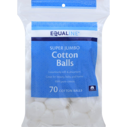 Luxuriously soft & absorbent. Great for beauty, baby, and home. 100% pure cotton.  Equaline Super Jumbo Cotton Balls are made from 100% pure cotton making them both luxuriously soft and extremely absorbent. Hypoallergenic - safe and gentle on all skin types. Dermatologist and allergy tested.  Beauty Care: Perfect straple for all cosmetic needs ranging from the removal of makeup and nail polish, to application of cleansers. Baby Care: Apply lotions, creams and powders to baby's delicate skin. Safe to use when cleaning baby's face. Home: Cotton balls always come in handy, whether it's polishing, cleaning, crafting, or cleaning a scraped knee. 100% Quality Guaranteed: Like it or let us make it right. That's our quality promise. supervaluprivatebrands.com Reclosable. Product of USA.