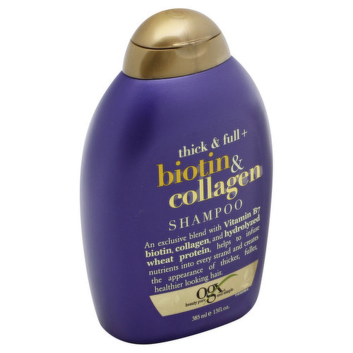An exclusive blend with Vitamin B7 biotin, collagen, and hydrolyzed wheat protein, helps to infuse nutrients into every strand and creates the appearance of thicker, fuller healthier looking hair. Beauty pure and simple. Why you want it - Discover thicker, fuller and more abundant looking strands! Helps to thicken and texturize any hair type! Immerse your skinny strands in this super volumizing blend to help create fuller looking, shiny hair! Our bottles are eco-friendly, manufactured with materials containing recycled post-consumer resin. Not tested on animals. Earth friendly. Packaging. Environmental. Reduce, Reuse, recycle. Questions? ogxbeauty.com. Made in USA.