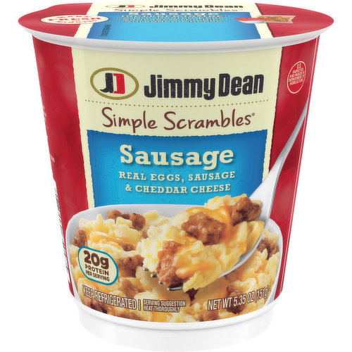 Jimmy Dean Simple Scrambles Sausage Breakfast Cup is a delicious breakfast made easy. It features a single serving with two real eggs, pork sausage and cheddar cheese for a hearty meal. This sausage and egg scramble has 20 grams of protein per serving for a meal that is ready in seconds. Simply combine, heat, and eat for a freshly made, quick breakfast at home or on the go. Keep refrigerated.