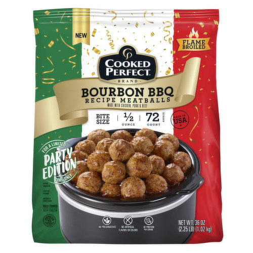 New. Flame broiled. 1/2 ounce. 72 count approx. For a limited party edition time only. Fully cooked. For a limited-time only, America's no. 1 fully cooked meatball brand (Souce: IRI total US MULO, 52 weeks ending February 20, 20222) is available in this deliciously craveable Bourbon BBQ Recipe. The sweetness of brown sugar, richness of tomato, kick of pepper, and smokiness of real bourbon deliver an authentic BBQ flavor that will keep your guests coming back for more.