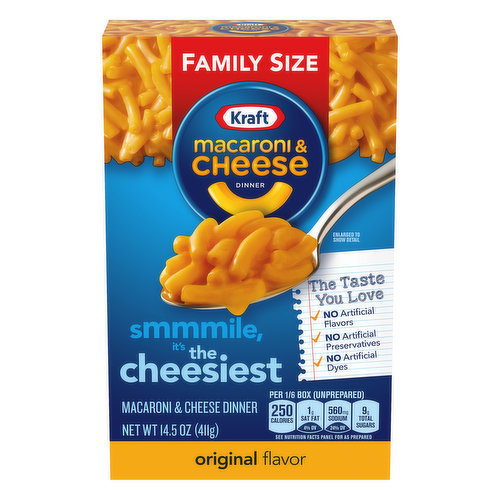 No artificial flavors. Per 1/6 Box (Unprepared): 250 calories; 1 g sat fat (4% DV); 560 mg sodium (24% DV); 9 g total sugars. No artificial preservatives no artificial dyes. See nutrition facts panel for as prepared. The taste you love. Smmile, it’s the cheesiest. Even more reasons to love it. This box of Kraft macaroni & cheese dinner may look simple, but it actually contains some extraordinary things. inside you'll find happy childhood memories, tons of blissful smiles, and our delicious elbow macaroni waiting to be covered. With gooey, cheesy goodness. and now, there are a few things you won't find. our mouthwatering mac and cheese now contains no artificial flavors, preservatives, or dyes. of course, it still has the great taste you know and love. which means you can happily devour it bite by bite, until your bowl contains nothing at all. This product sold by weight; not volume. Some settling of contents may have occurred during handling. kraftmacandcheese.com kraftheinzcompany.com Visit us at: kraftheinzcompany.com 1-800-847-1997 please have package available. Carton made from 100% recycled paperboard. Minimum 35% post-consumer content.
