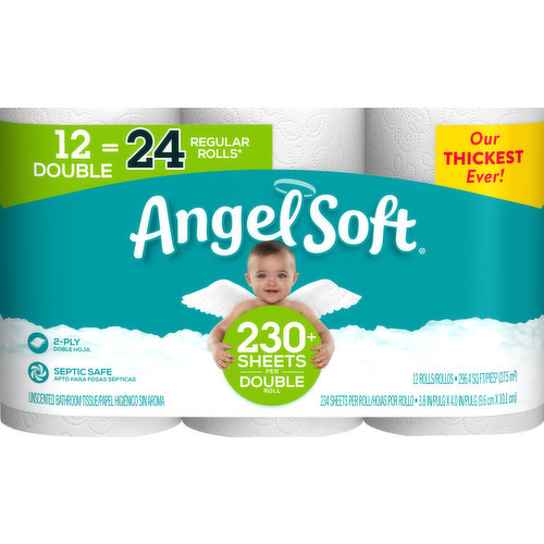 296.4 sq ft (27.5 m to the power of 2). 234 Sheets per roll. 3.8 in x 4.0 in (9.6 cm x 10.1 cm). 12 Double = 24 regular rolls (Based on number of sheets in Angel Soft regular Roll). Our thickest ever! 230+ Sheets per double roll. An ideal balance of softness & strength. 2-Ply with softshield layers. Flushable and septic safe for standard sewer and septic systems. www.angelsoft.com. how2recycle.info.
 800-283-5547; www.angelsoft.com. Sustainable Forestry Initiative: Certified sourcing. www.sfiprogram.org.