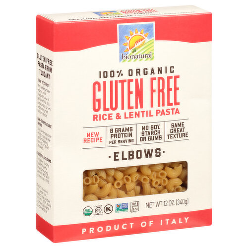 8 grams protein per serving. 100% organic. USDA Organic. Certified Organic by QAI. Certified Gluten-free. Produced in a dedicated gluten free facility. Free of milk, eggs, fish, shellfish, tree nuts, peanuts, gluten, and soy. No soy, starch or gums. Non-GMO Project verified. nongmoproject.org. Rice & lentil pasta. New recipe. Same great texture. Top 8 allergen free. Gluten free pasta from Tuscany. True texture: With added protein and the mild, pleasant flavor of yellow lentils, this pasta cooks up firm and tastes great with any sauce. Low-temperature drying: Slow, low-temperature drying preserves the light and pleasing flavor of our gluten free pasta. Made by artisan: Crafted in Tuscany by a family who began producing pasta in 1887 and gluten free in 1970. www.bionature.com. 100 plastic-free packaging. See side panel for disposal instructions (Before recycling the paper box, detach the windows which is 100% home compostable and biodegradable). Product of Italy.