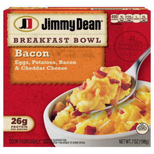 Filled with crispy bacon, eggs, potatoes and cheddar cheese, Jimmy Dean Bacon, Egg & Cheese Breakfast Bowls include 26 grams of protein per serving. Each bacon breakfast bowl is an excellent source of proetin for your morning option. Simple to prepare and ready in minutes, this microwavable breakfast is made with the Jimmy Dean brand quality you know and trust. This package includes one 7 oz frozen breakfast bowl.