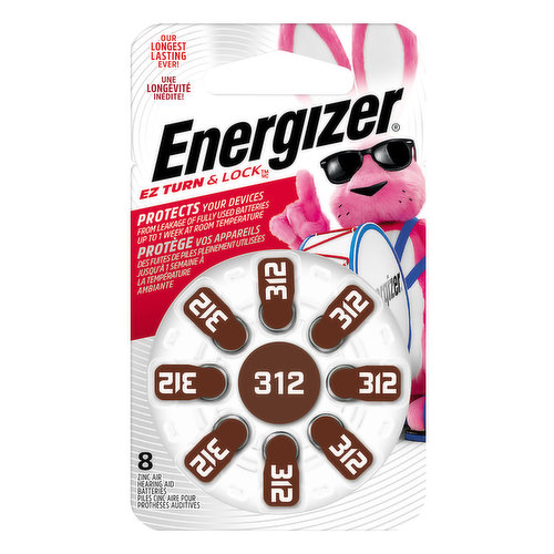 1.4 vcc zinc air batts. EZ turn & lock. Our longest lasting ever! Protects your devices from leakage of fully used batteries up to 1 week at room temperature. Replaces all size 312. www.energizer.com. 100% packaging recyclable if available in your area. Made in Germany for Energizer Brands, LLC, St. Louis, MO 63161.
