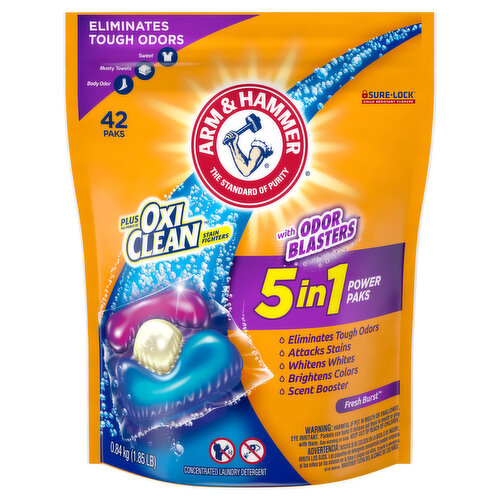 Arm & Hammer Plus OxiClean Laundry Detergent, Concentrated, Fresh Burst, 5 in 1, Power Paks