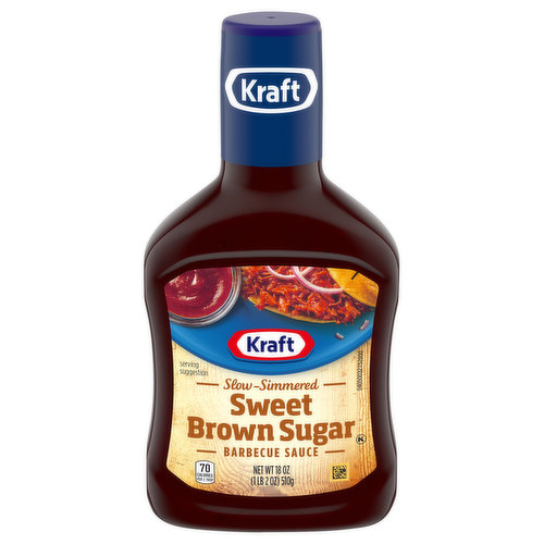 70 calories per 2 tbsp. kraftfoods.com. kraftheinzcompany.com. Visit us at: kraftfoods.com 1-800-847-1997 please have package available. Questions/comments?call 1-800-847-1997 or visit us at kraftheinzcompany.com. Kraft Sweet Brown Sugar Slow-Simmered Barbecue Sauce and Dip is a robust, sweet BBQ sauce slow-simmered to perfection. Made with real brown sugar, molasses, vinegar and tomato puree blended with a rich medley of spices, this mouthwatering sauce delivers the classic barbecue flavor you love with a sweet twist that invigorates the taste buds. This brown sugar BBQ sauce contains no fat, no cholesterol and just 70 calories per serving, so go ahead and add some more. This sauce can be the secret ingredient in countless dishes such as crockpot BBQ ribs or oven BBQ chicken. It's the perfect BBQ sauce for pulled pork, or try it as a tantalizing BBQ shrimp marinade. The resealable 18 oz. bottle helps lock in flavor.