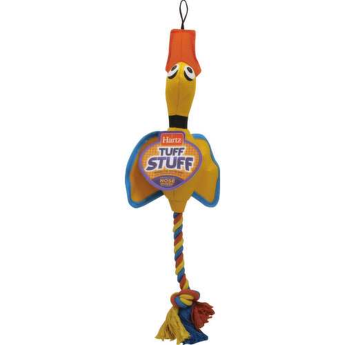 With squeaker. www.hartz.com. Facebook: www.facebook.com/HartzPets. Ultra durable ballistic nylon. Rope runs through the toy. Designed for serious tugging. Made in China.