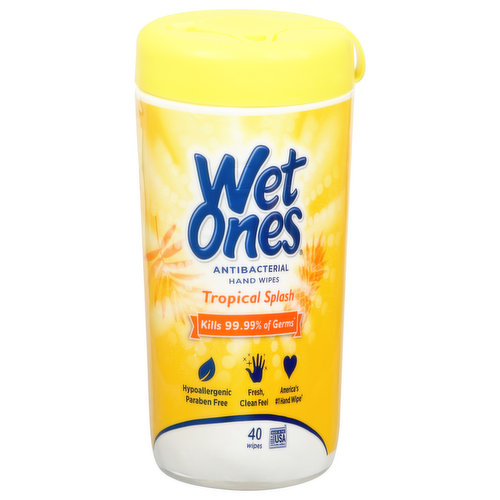 Kills 99.99% of germs (Effective at killing 99.9% of many common harmful bacteria in as little as 15 seconds). Hypoallergenic. Paraben free. Fresh, clean feel. America's No.1 hand wipe (based on Nielsen scan data for 52 weeks ending 10/3/20). Pediatrician tested. Wet Ones Antibacterial Hand Wipes kill 99.99% of germs (Effective at killing 99.9% of many common harmful bacteria in as little as 15 seconds) and wipe away dirt from hands. Specially formulated to be tough on dirt and germs, yet gentle on skin, they're ideal for quick clean-ups after contact with sticky foods, dirt, and everyday messes. Wet One Canisters are great for at-home use or on-the-go and are designed to fit in most car cup holders for a fresh start anywhere.