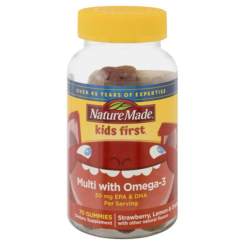 Dietary Supplement. List no. 2434. L600. Strawberry, Lemon & Orange with other natural flavors. No artificial flavors - Natural fruit flavors. 30 mg EPA & DHA per serving. Gluten free. Over 45 years of expertise. No synthetic dyes - colors derived from natural sources. No high fructose corn syrup. No artificial sweeteners. www.NatureMade.com. Quality tested in the USA. Made to our purity and potency standard.