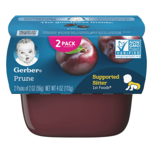 Supported sitter. No artificial flavors or colors. Non GMO Project verified. nongmoproject.org. The goodness inside: 2 prunes in each tub. These prunes were grown using our Clean Field Farming practices. Inner units not labeled for retail sale. MyGerber.com. Learn more. Visit MyGerber.com & meet Dotti: 1-800-4-Gerber; Spanish: 1-800-511-6862. Packaging made with no BPA.