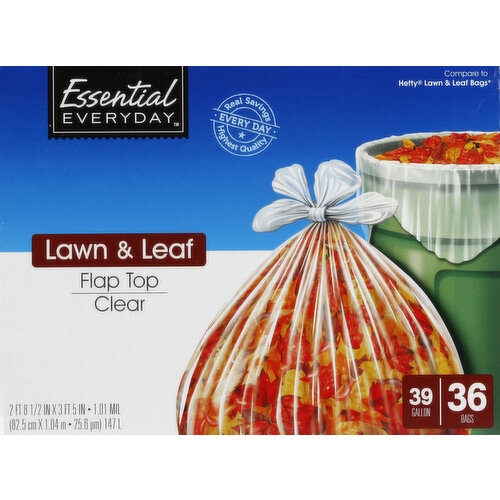 Essential Everyday Lawn & Leaf Bags, Flap Top, 39 Gallon, Clear 36