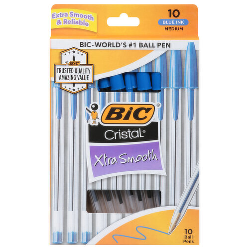 BiC Cristal Ball Pens, Xtra Smooth, Blue Ink, Medium