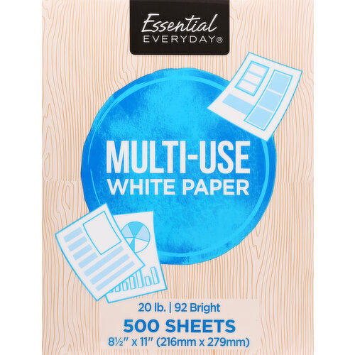 8-1/2 inch x 11 inch (216 mm x 276 mm). 20 lb. 92 bright. Great products at a price you'll love - that's Essential Everyday. Our goal is to provide the products your family wants, at a substantial savings versus comparable brands. We're so confident that you'll love Essential Everyday, we stand behind our products with a 100% satisfaction guarantee. Laser printers. Inkjet printers. Plain paper fax. Copiers. 100% Quality Guaranteed: Like it or let us make it right. That's our quality promise. essentialeveryday.com. Sustainable Forestry Initiative: Certified fiber sourcing. www.sfiprogram.org.