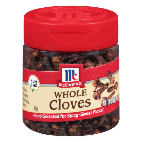 Non GMO. Hand-selected for spicy-sweet flavor. Our Whole Cloves bring intense warm flavor to hot beverages, soup & stews. mccormick.com. Flavor maker get app. Questions? Call 1-800-632-5847. For recipes, visit mccormick.com. Packed in USA.