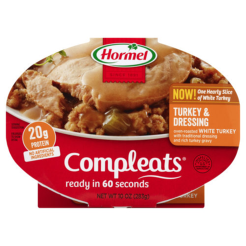 Now! One hearty slice of white turkey. Oven-roasted white turkey with traditional dressing and rich turkey gravy. 20 g protein. No artificial ingredients. Ready in 60 seconds. Made with white turkey. Inspected for wholesomeness by US Department of Agriculture. Since 1891. Visit www.hormel.com.
