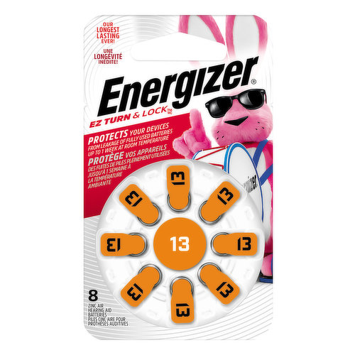 1.4 vcc zinc air batts. EZ turn & lock. Our longest lasting ever! Protects your devices from leakage of fully used batteries up to 1 week at room temperature. Replaces all size 13. www.energizer.com. 100% packaging recyclable if available in your area. Made in Germany for Energizer Brands, LLC, St. Louis, MO 63161.