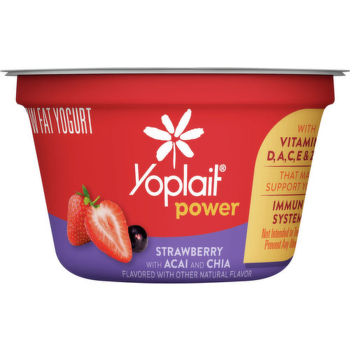 Strawberry with acai and chia. Flavored with other natural flavor. Low fat. Gluten free. With vitamins D, A, C, E & zinc that may support your immune system. Not intended to treat or prevent any illness. Contains bioengineered food ingredients. Learn more at Ask.GeneralMills.com. Contains live and active cultures. Grade A. www.Yoplait.com. how2recycle.info. Comments? Save entire package. Call 1-800-967-5248 www.Yoplait.com.